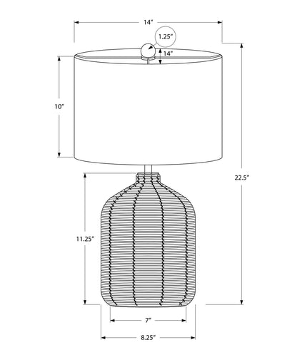Line drawing of the Lighting, Table Lamp, Rattan, Modern. Dimensions: overall height 22.5", shade height 10", shade diameter 14", finial diameter 1.25", base height 11.25", width 8.25", depth 7".
