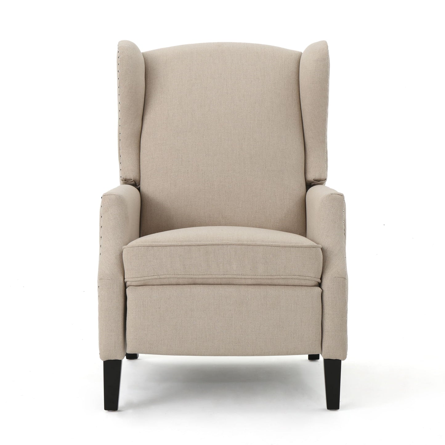 The Westeros Wing Back Fabric Upholstered Recliner is shown from the front against a plain white background, featuring a beige fabric, high backrest, cushioned seat, and dark wooden legs.
