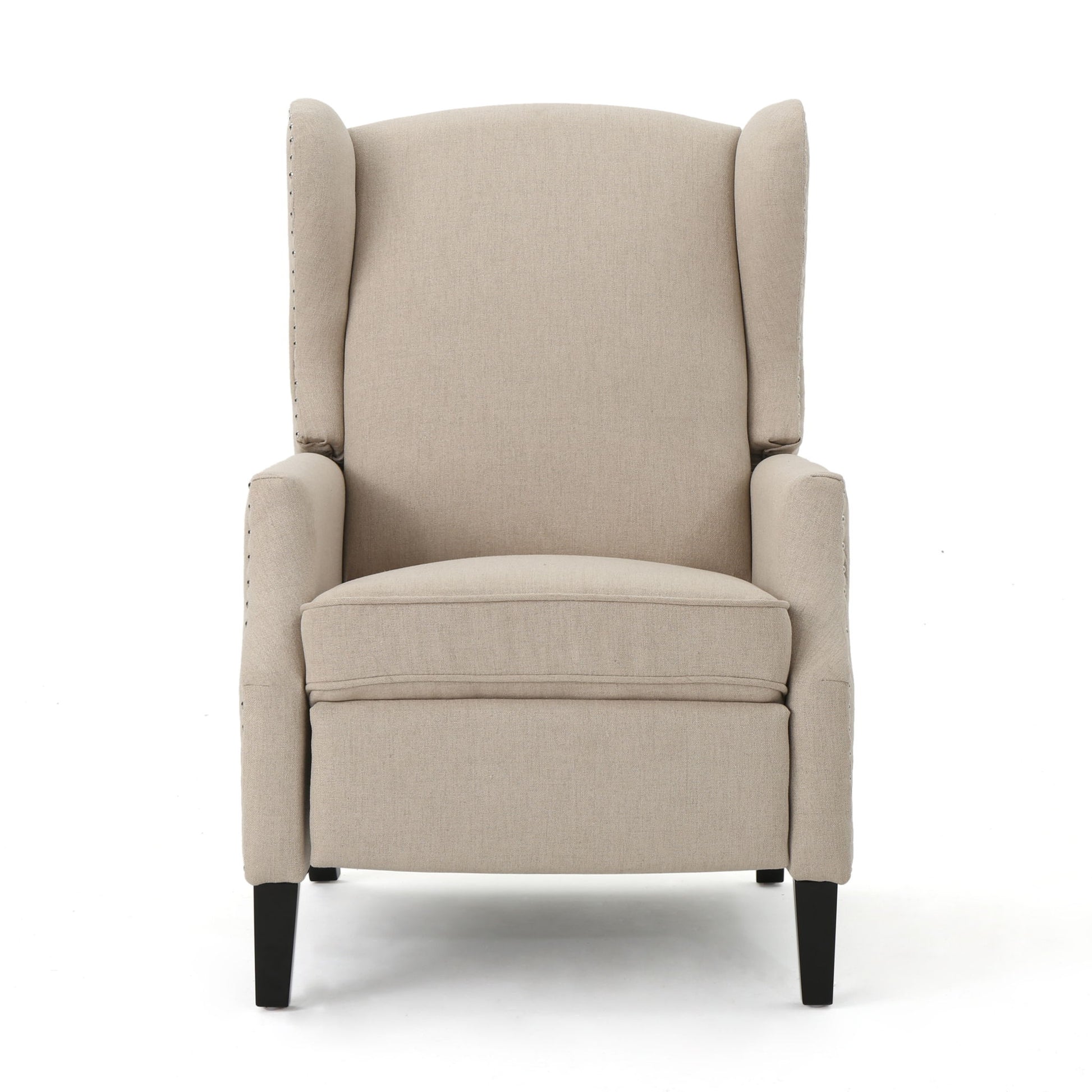 The Westeros Wing Back Fabric Upholstered Recliner is shown from the front against a plain white background, featuring a beige fabric, high backrest, cushioned seat, and dark wooden legs.