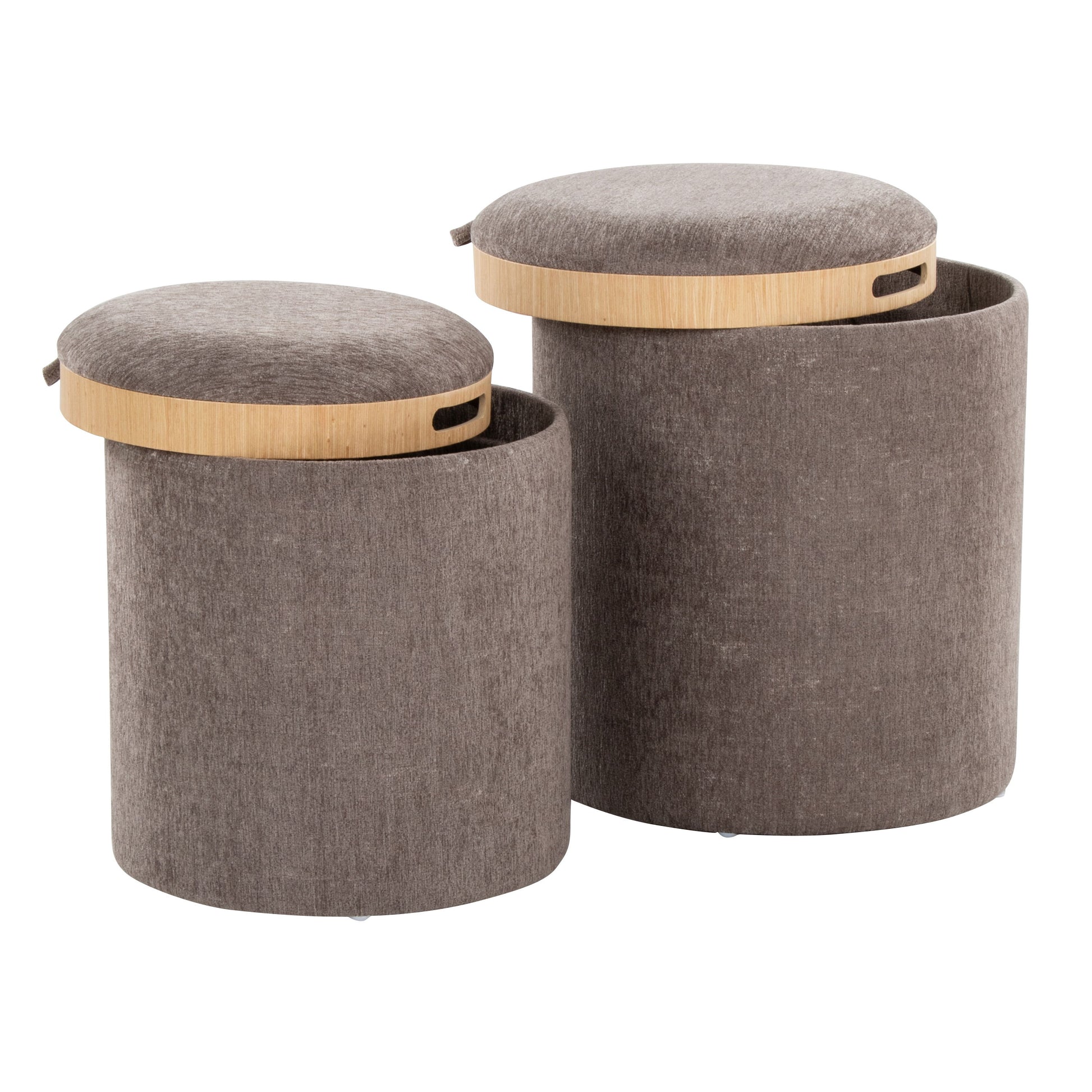 The Tray - Contemporary Nesting Ottoman Set includes two round, light brown fabric ottomans with removable wooden lids and handle cutouts. One ottoman is shown open with its lid ajar; the other remains closed.
