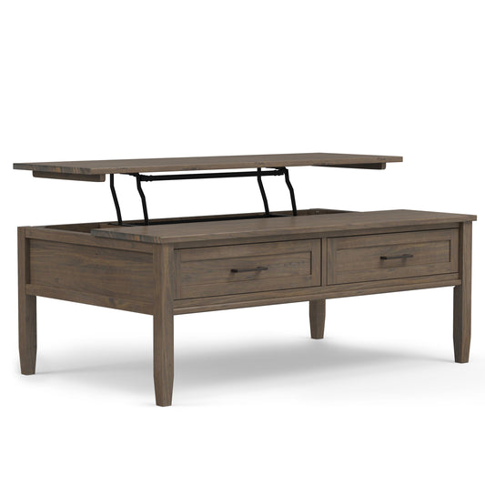 The Ela Lift Top Coffee Table in Smoky Brown features a lift-top surface with hidden storage, two front drawers, and four sturdy legs.