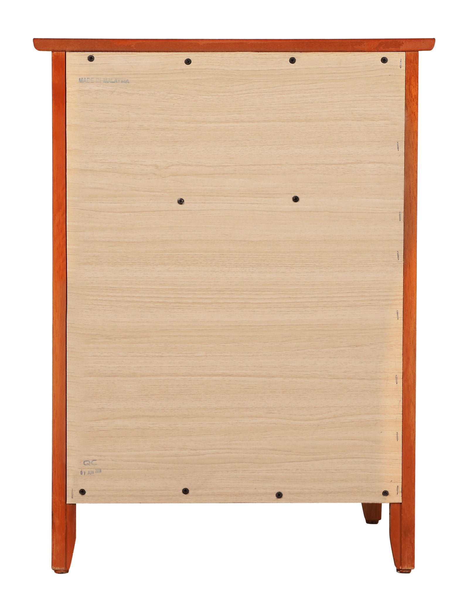 The Izzy 1 Drawer/1 Door Nightstand viewed from the back shows a light wood panel secured with black screws on a reddish-brown frame with four legs.