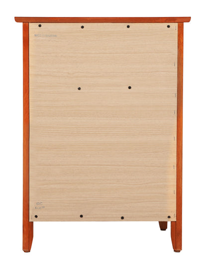 The Izzy 1 Drawer/1 Door Nightstand viewed from the back shows a light wood panel secured with black screws on a reddish-brown frame with four legs.