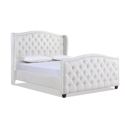 The Marcella - Upholstered Shelter Headboard Bed Set features a white tufted headboard and footboard with diamond-pattern stitching, silver nailhead trim, and is styled with white bedding and pillows.