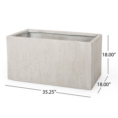 The Modern Outdoor Planter is a rectangular, light gray planter with a textured surface, measuring 35.25" L x 18" H x 18" D. It appears empty and is displayed against a white background.