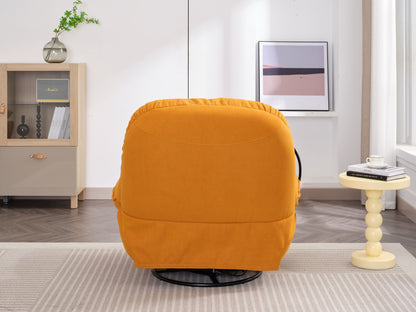 A Power Recliner Swivel Glider with USB charger and Bluetooth music player sits in a modern living room with a beige rug, yellow side table, cabinet, small plant, and framed artwork. Sunlight pours through the large window.