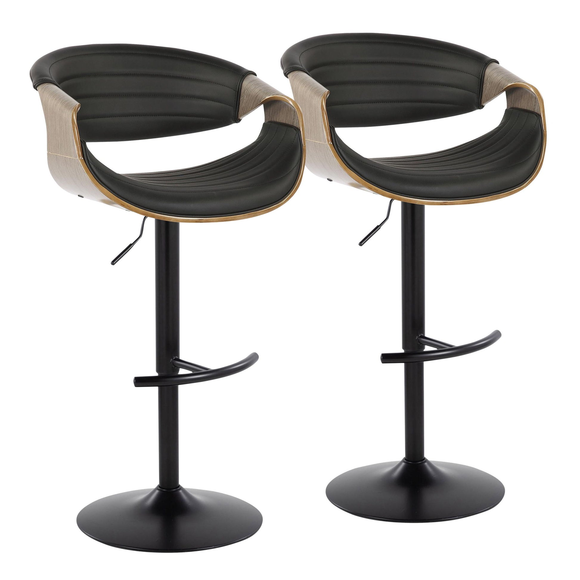 Set of 2 Symphony mid-century modern adjustable barstools with black seats, curved wood backs, metal swivel pedestal bases, and rounded T footrests, displayed on a white background.