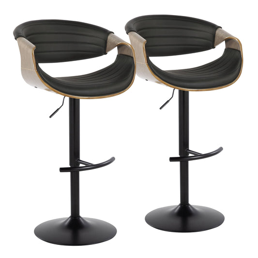 Set of 2 Symphony mid-century modern adjustable barstools with black seats, curved wood backs, metal swivel pedestal bases, and rounded T footrests, displayed on a white background.