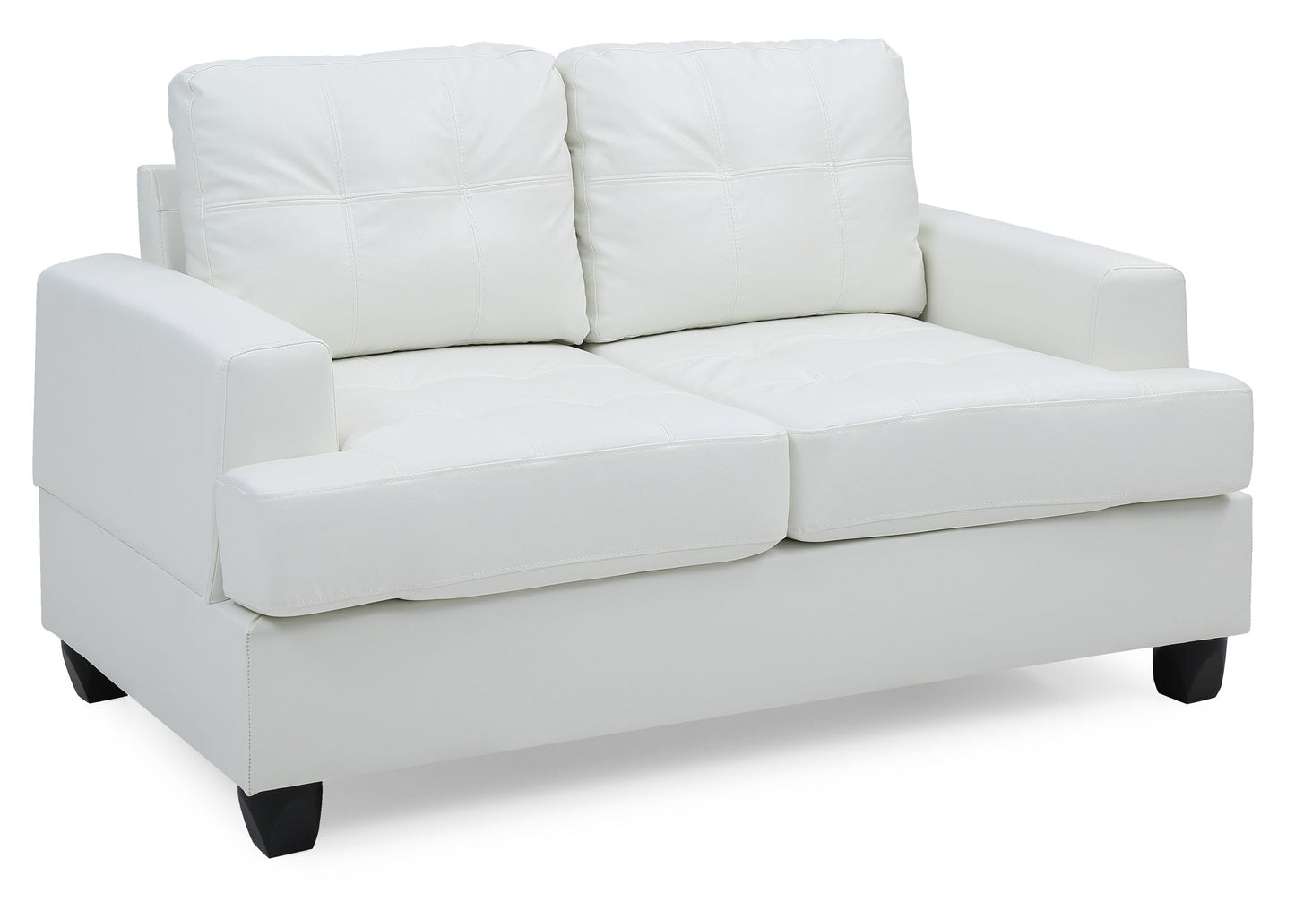 The Stylish Transitional Loveseat For Two features a modern white design with plush tufted cushions, wide armrests, and short dark wooden legs.