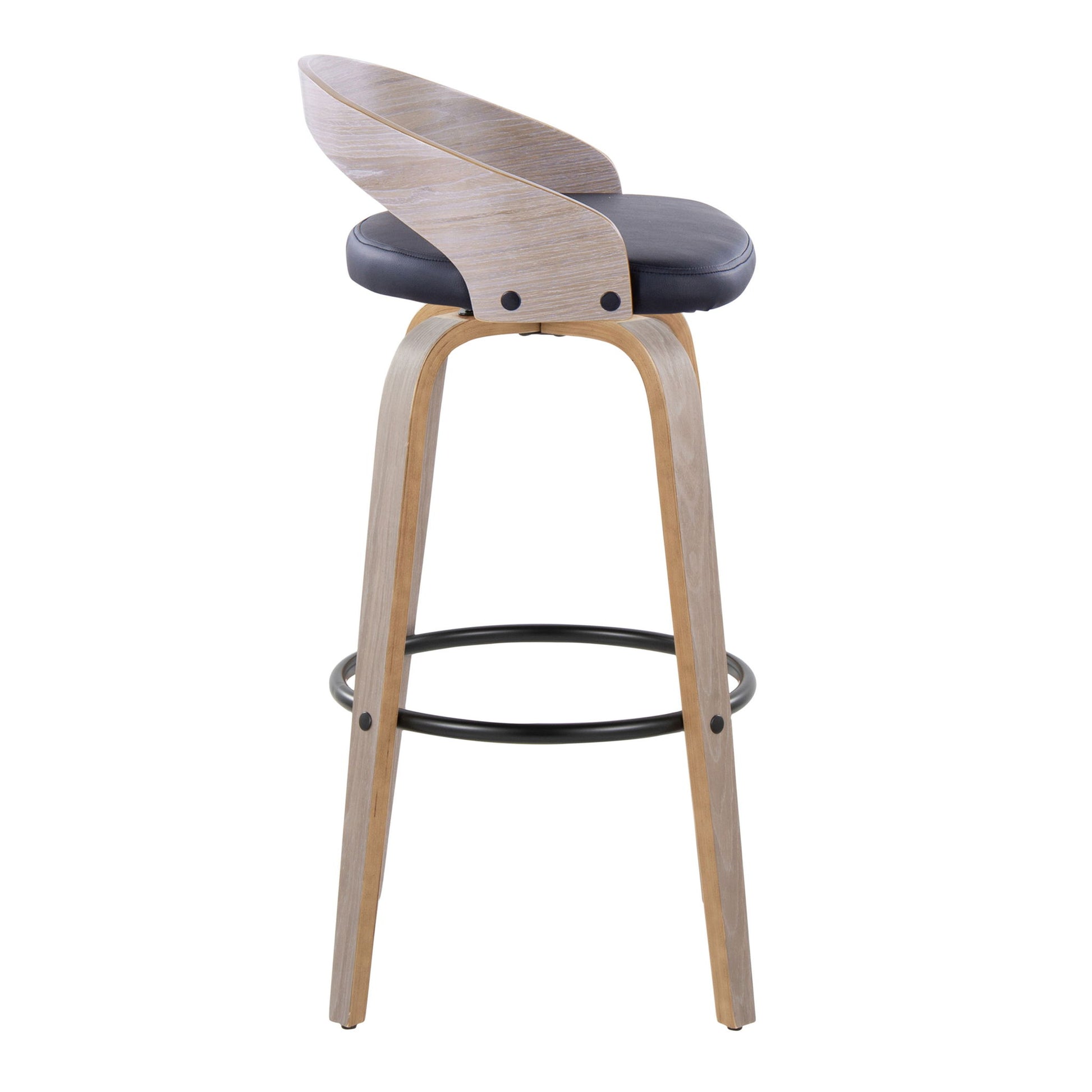 The Grotto Contemporary Fixed Height Barstool (Set of 2) features light wooden legs, a round black metal footrest, a curved wooden backrest, and a dark cushioned round seat. Swivel design. Shown on a plain white background.