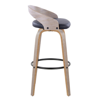 The Grotto Contemporary Fixed Height Barstool (Set of 2) features light wooden legs, a round black metal footrest, a curved wooden backrest, and a dark cushioned round seat. Swivel design. Shown on a plain white background.