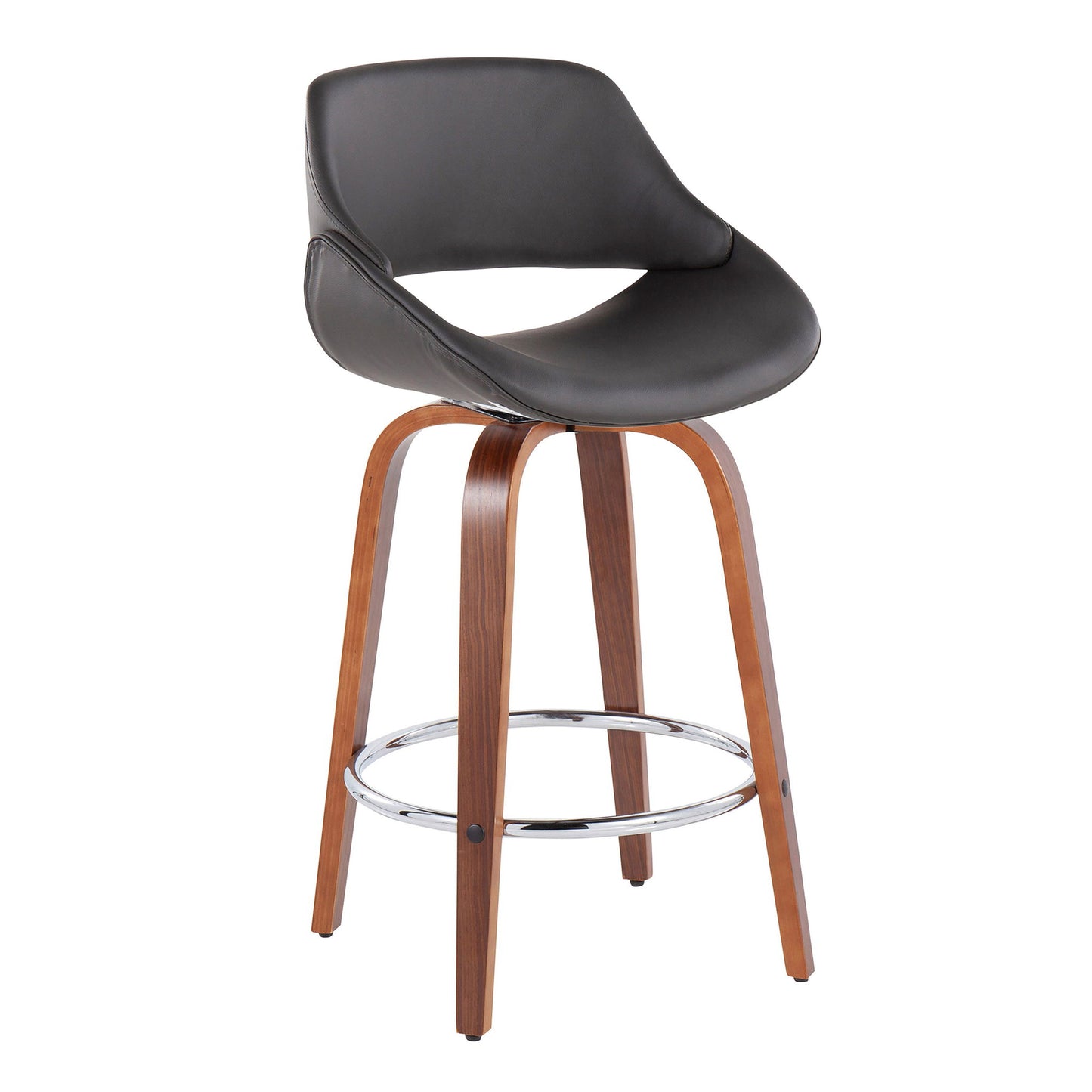 The Fabrico Mid Century Modern Counter Stool (Set of 2) features a curved black cushioned seat, wooden legs, and a round chrome footrest.
