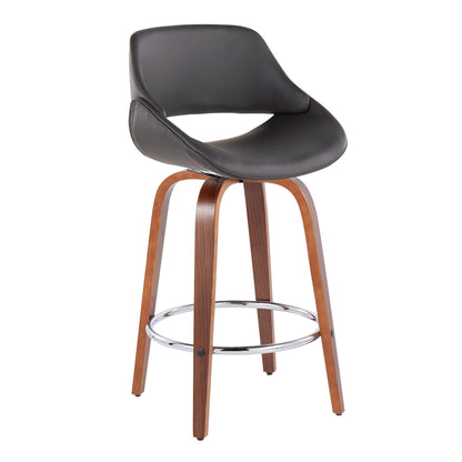 The Fabrico Mid Century Modern Counter Stool (Set of 2) features a curved black cushioned seat, wooden legs, and a round chrome footrest.