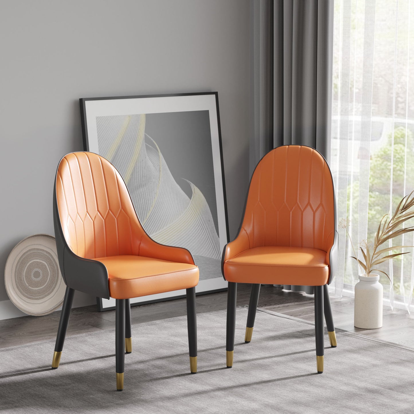 A set of two Modern PU Sponge-Filled Dining Chairs with solid wood metal legs adds style to a room, complemented by abstract art and sunlight streaming through sheer curtains that highlight nearby décor.