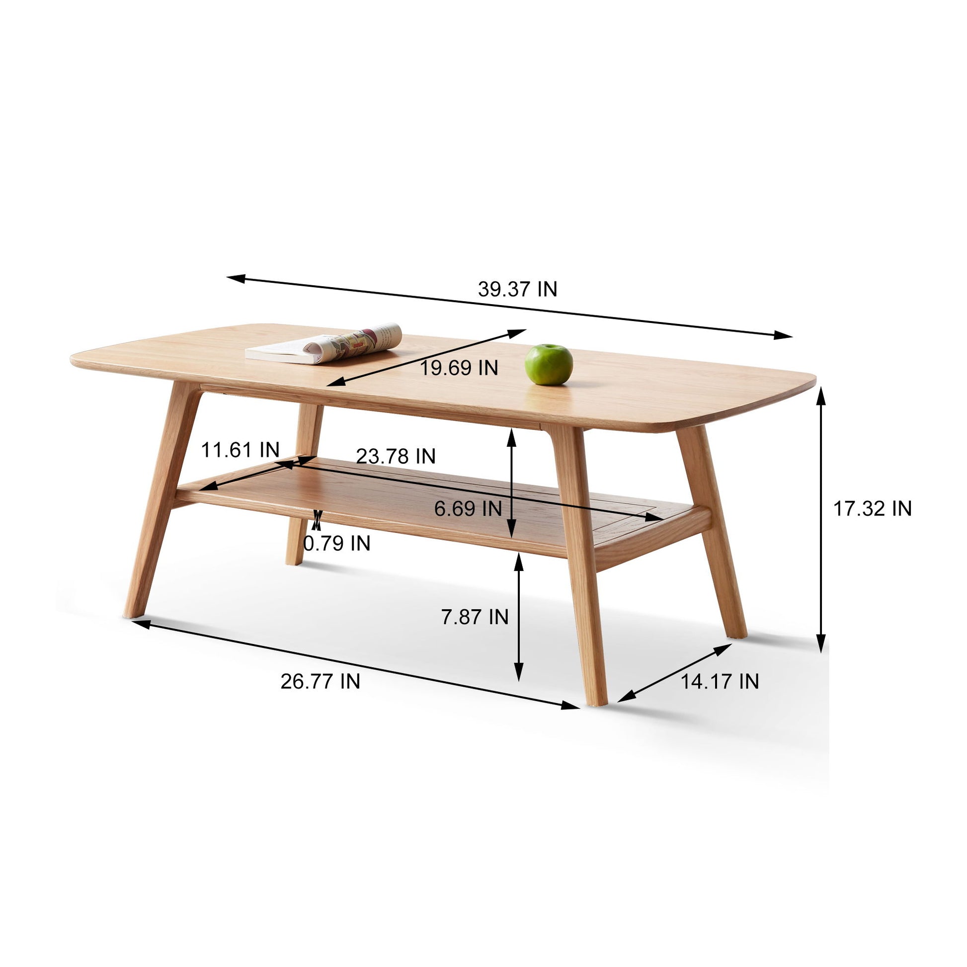 The Low Coffee Table With Storage Shelf features rounded edges, a lower shelf, and black arrows showing its size: 39.37" wide, 17.32" high, 26.77" deep, with additional shelf and space measurements. An apple and magazine rest on top.