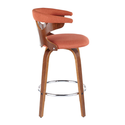 The Gardenia Mid Century Modern Fixed Height Counter Stool (Set of 2) features a curved wooden backrest, angled legs, round chrome footrest, and an orange upholstered swivel seat and back cushion.