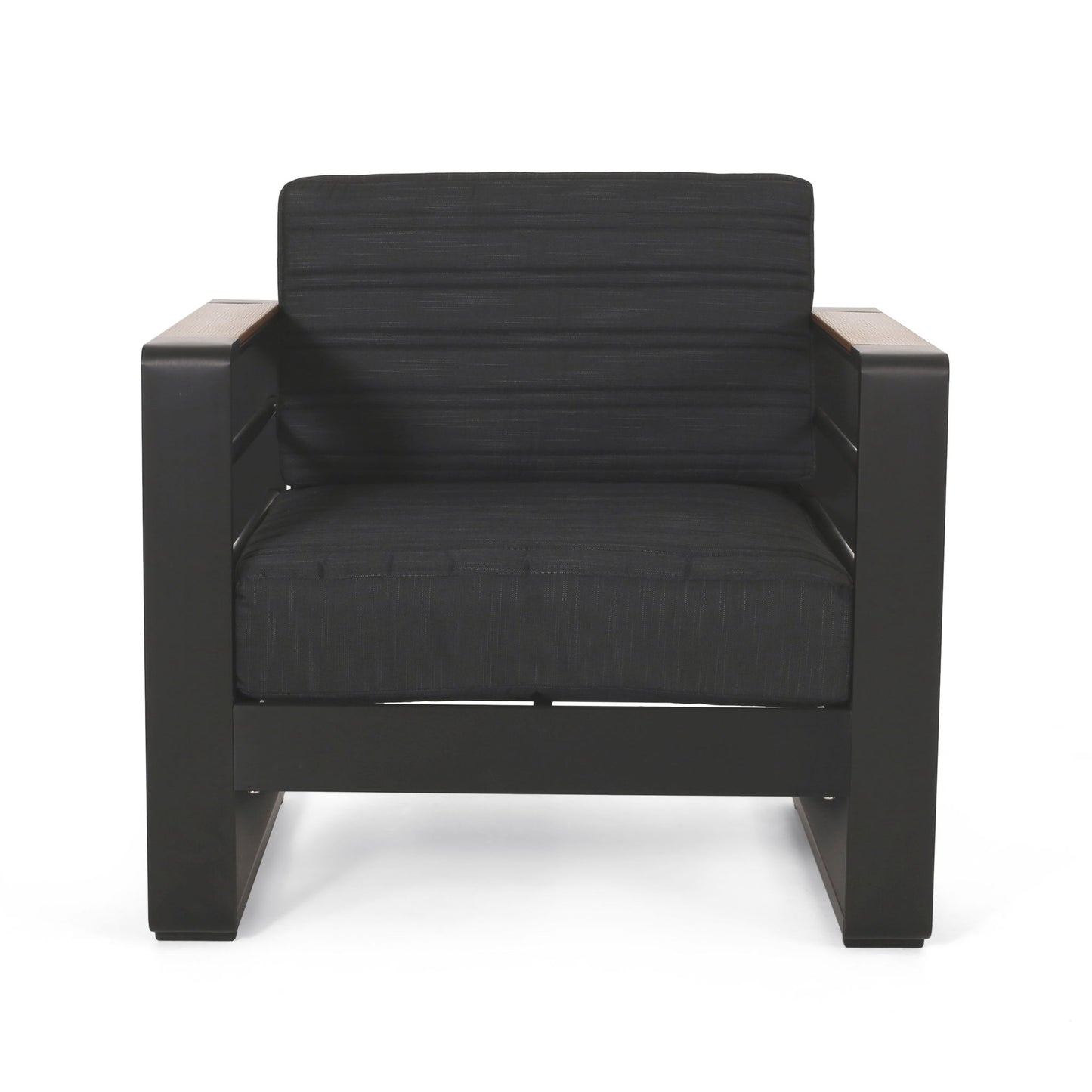 The Giovanna Club Chair Set features a black, boxy, minimalist design with wide flat arms and thick cushions on an aluminum frame, shown from the front against a white background.