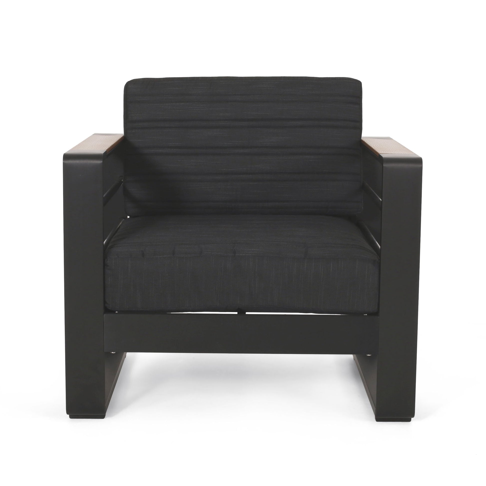 The Giovanna Club Chair Set features a black, boxy, minimalist design with wide flat arms and thick cushions on an aluminum frame, shown from the front against a white background.