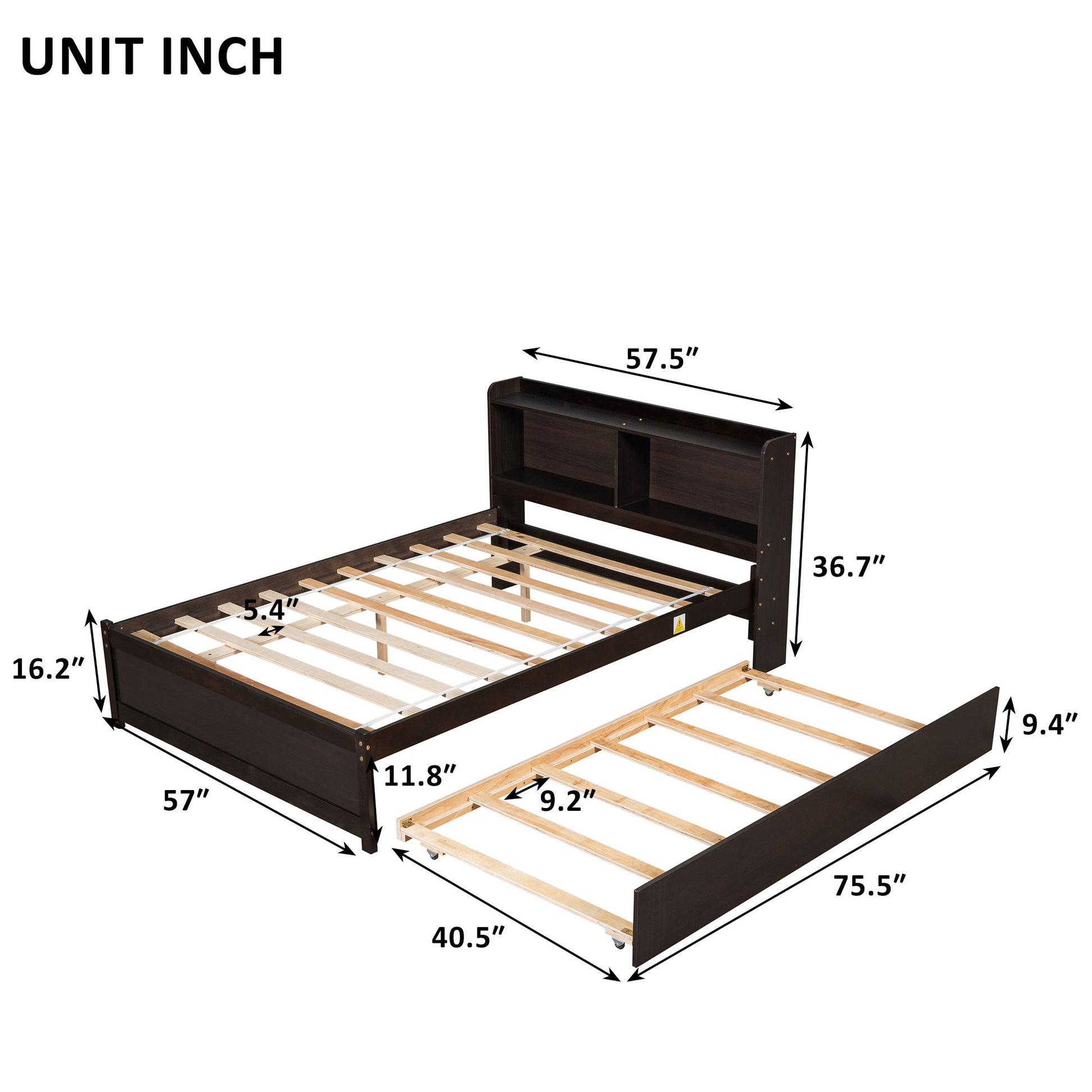 The Full Bed With Trundle, Bookcase features a bookshelf headboard and pull-out trundle. Dimensions: bed—57.5"W x 75.5"L x 36.7"H; trundle—40.5"W x 75.5"L x 9.4"H (inches).