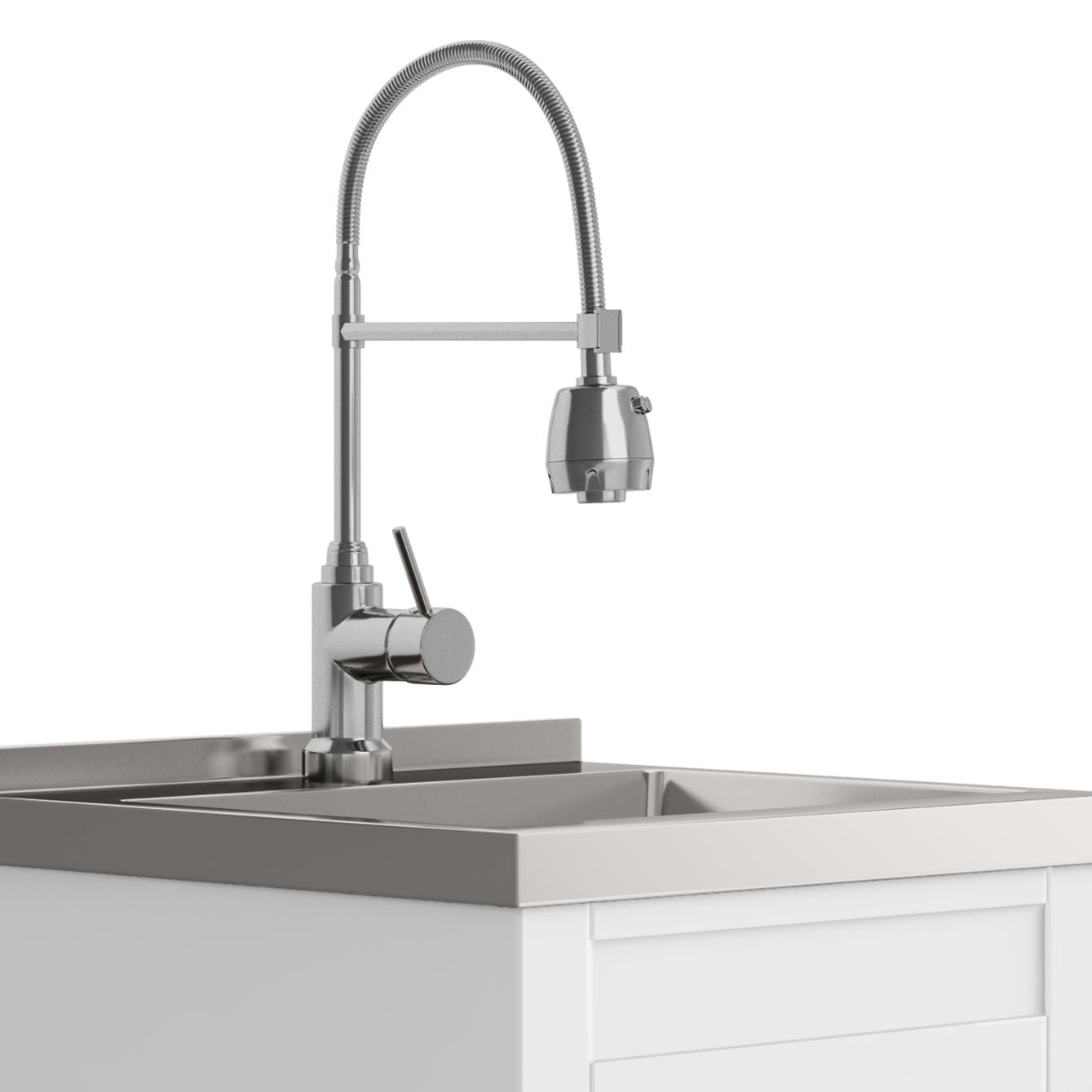 The Hennessy Deluxe Laundry Cabinet features a stainless steel sink and a modern faucet with a flexible, high-arched spout and single lever handle, all mounted on a sleek white cabinet.