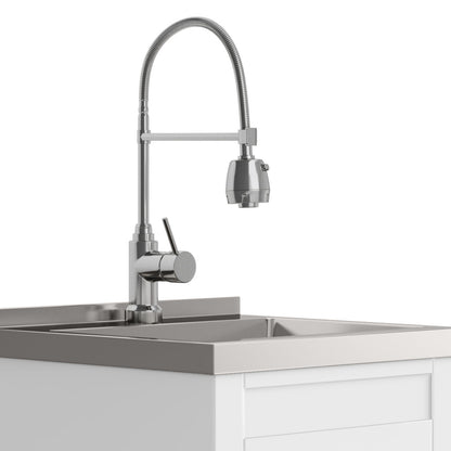 The Hennessy Deluxe Laundry Cabinet features a stainless steel sink and a modern faucet with a flexible, high-arched spout and single lever handle, all mounted on a sleek white cabinet.