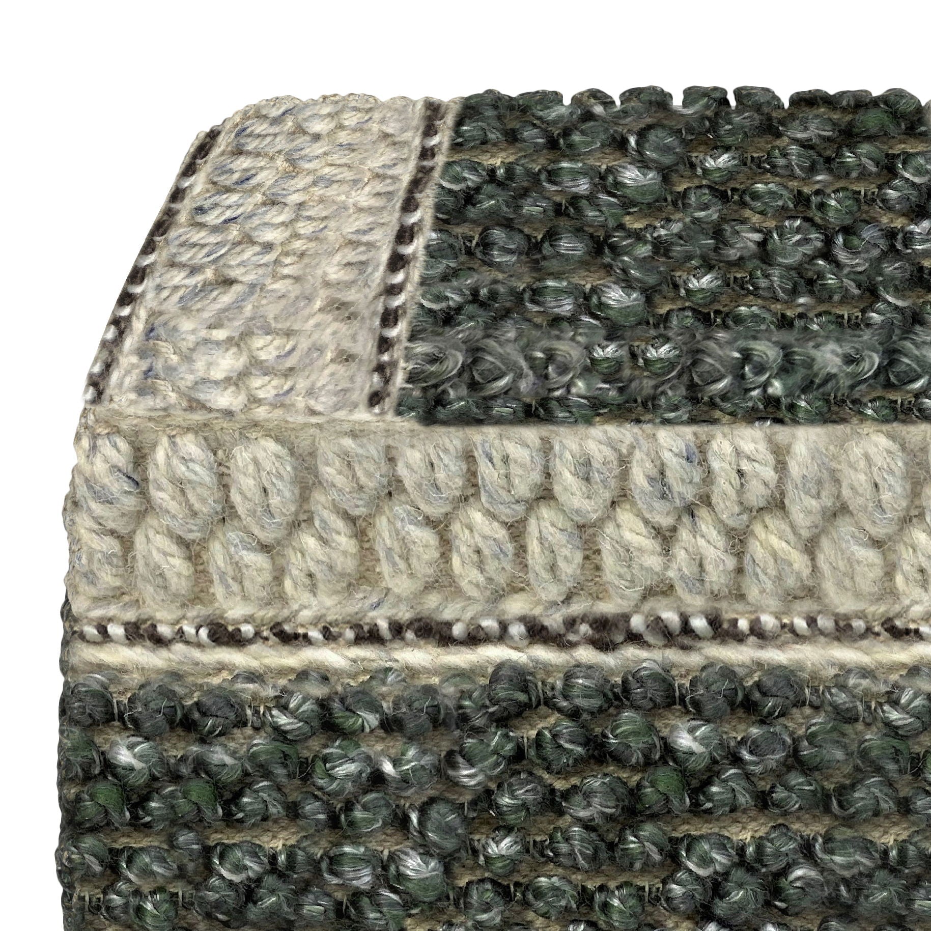 Close-up of the Grady - Handcrafted Square Pouf, featuring a woven fabric surface with thick, textured green, gray, and cream yarns in detailed braided and looped stitching patterns.