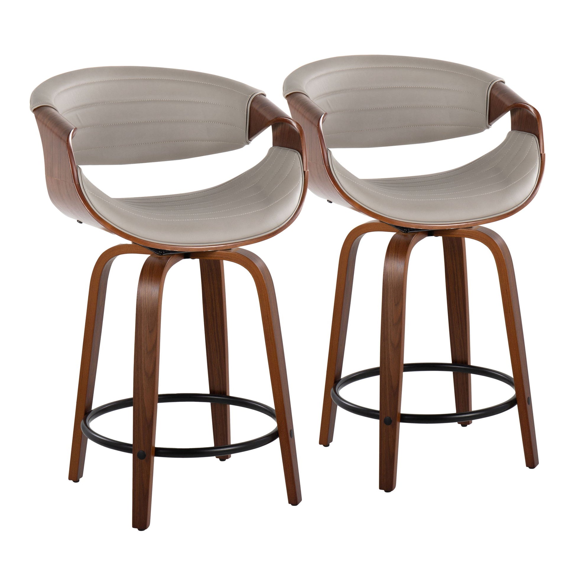 Set of 2 Symphony Mid Century Modern counter stools featuring curved wooden frames, light gray padded seats and backs, swivel design, round black metal footrests, and four wooden legs for a stylish contemporary look.