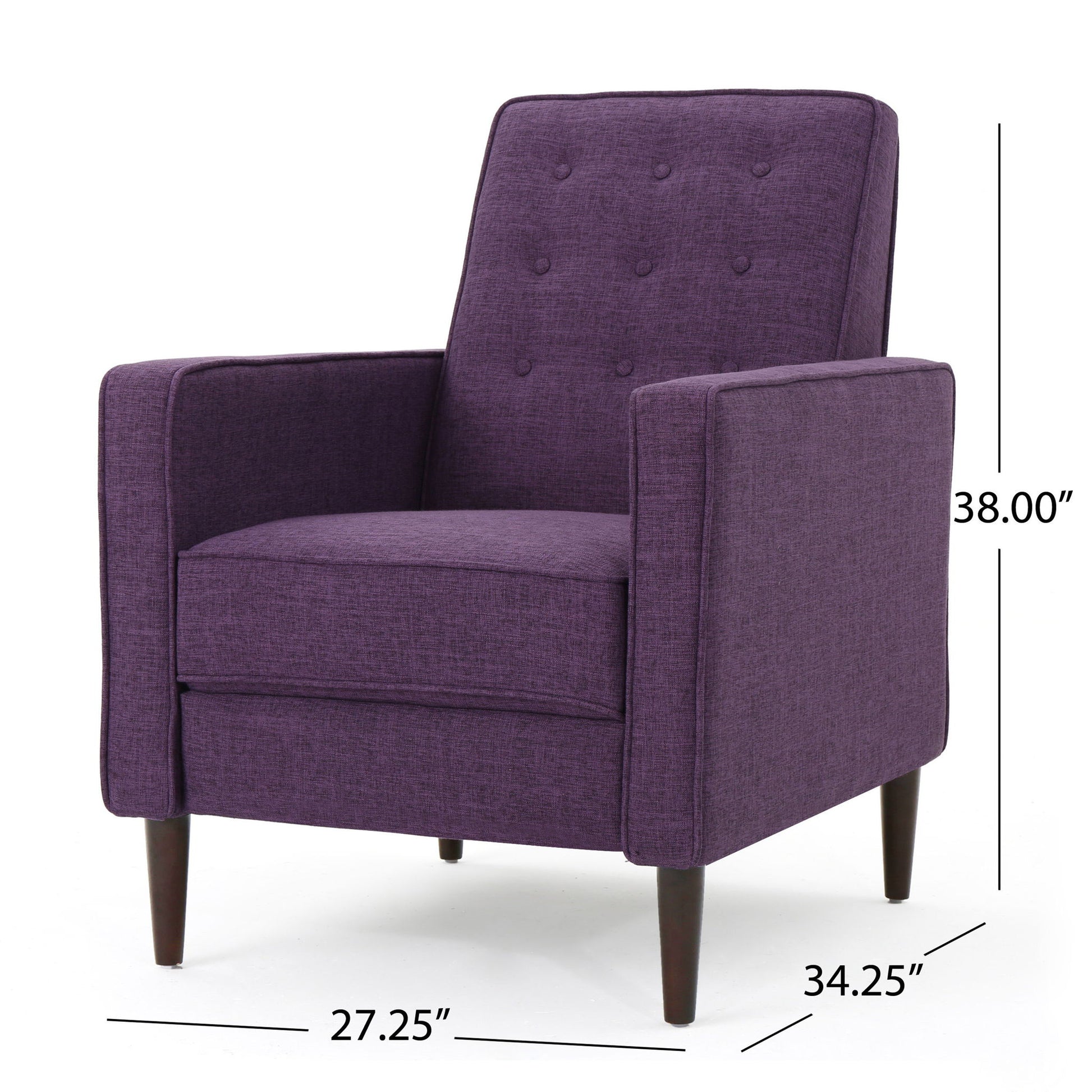 The Mid-Century Modern Recliner With Button Tufted Waffle Stitch is a stylish purple armchair featuring a button-tufted backrest, wooden legs, and measures 38" high, 27.25" wide, and 34.25" deep.