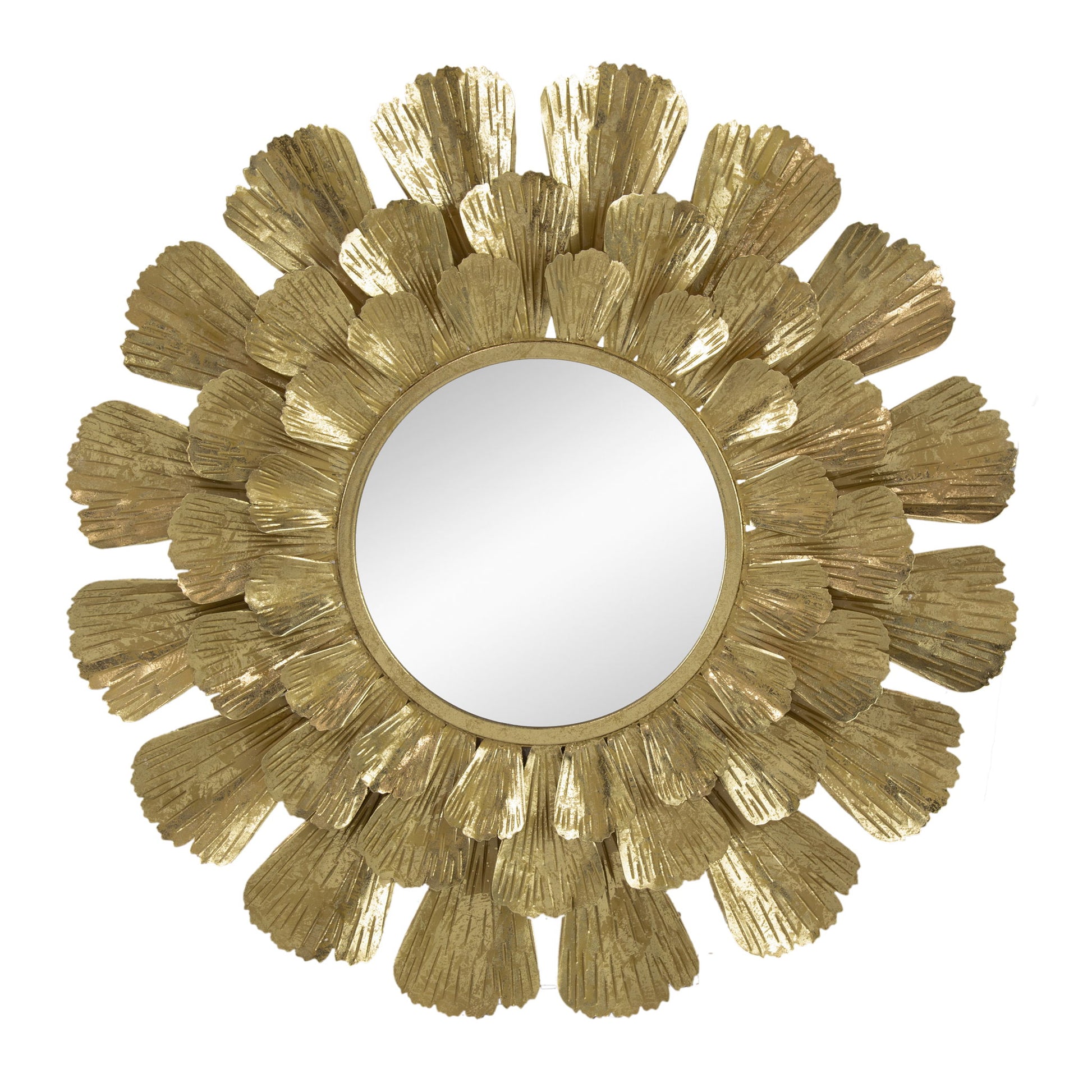 A round metal mirror with a gold trumpet vine motif and a layered, textured frame radiating outward.