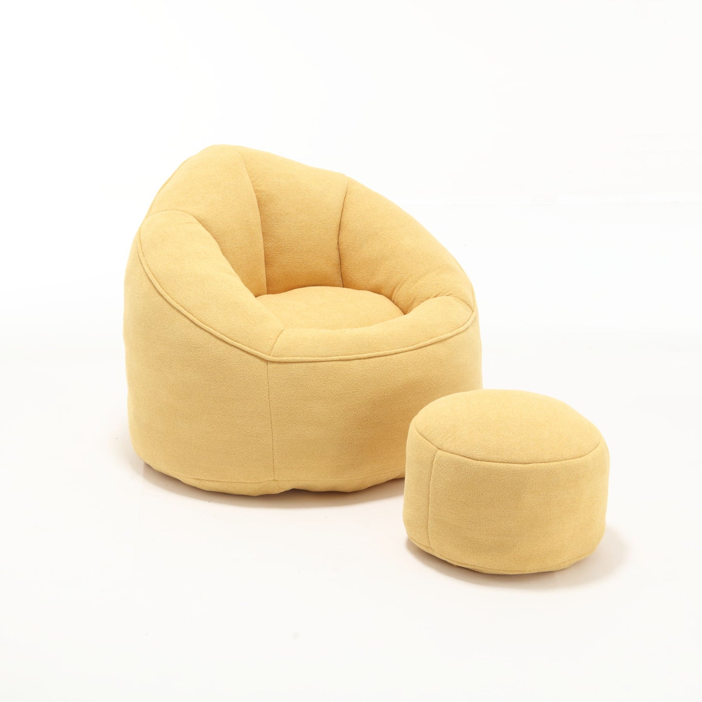 The Bedding Bean Bag Sofa Chair, made of high pressure foam in light yellow, comes with a matching round footrest and is displayed on a plain white background.