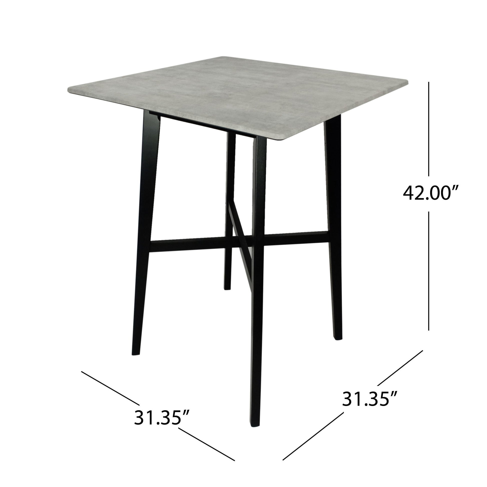 The Modern Bar Height Dining Table features a gray laminate tabletop with sturdy black rubberwood legs and a crossbar support. Measuring 42" tall and 31.35" wide/deep, it's perfect for contemporary dining spaces.