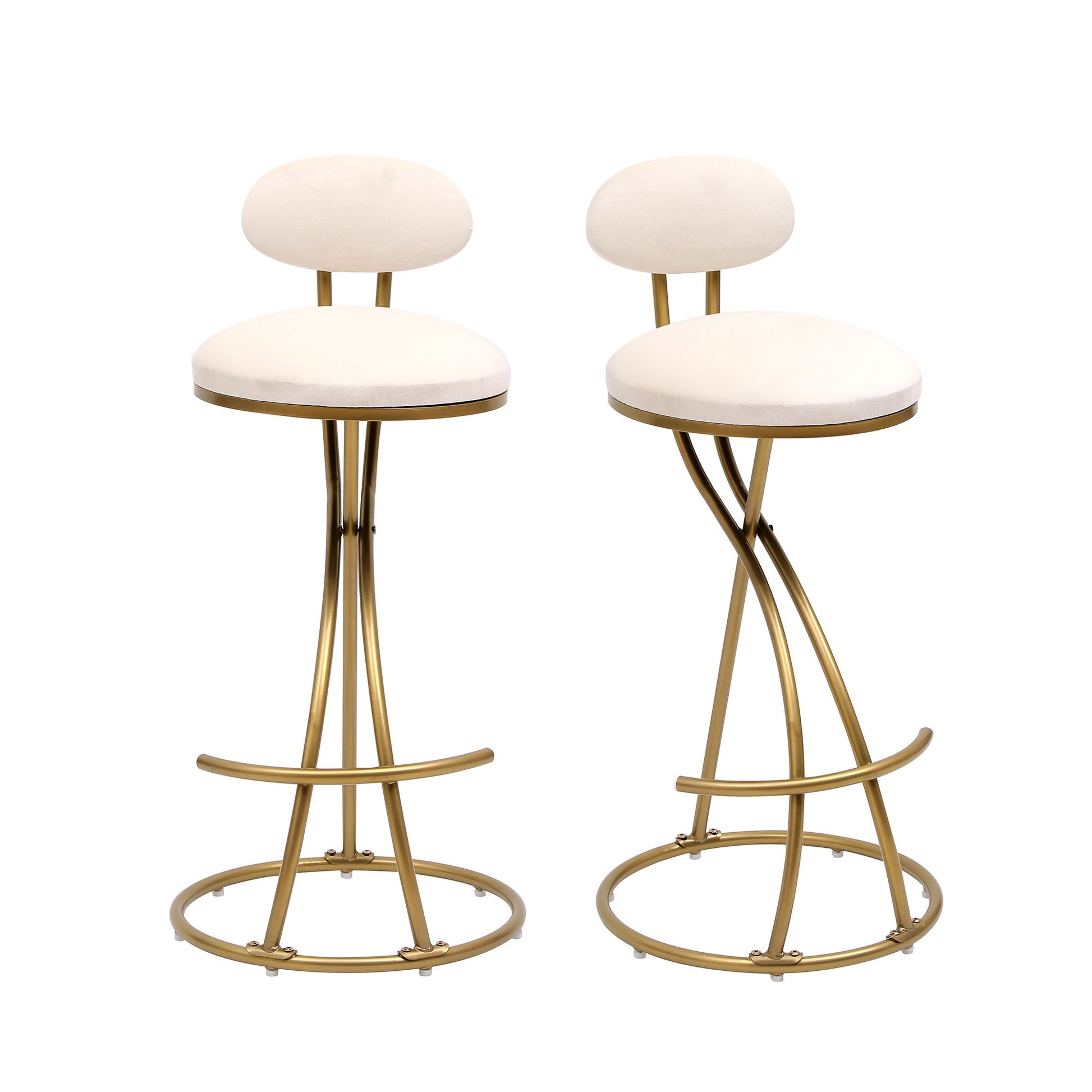 Set of 2 modern bar stools with round white PU leather seats and backs, gold metal frames, curved intersecting legs, and circular footrests—perfect upholstered counter height chairs for your kitchen island.