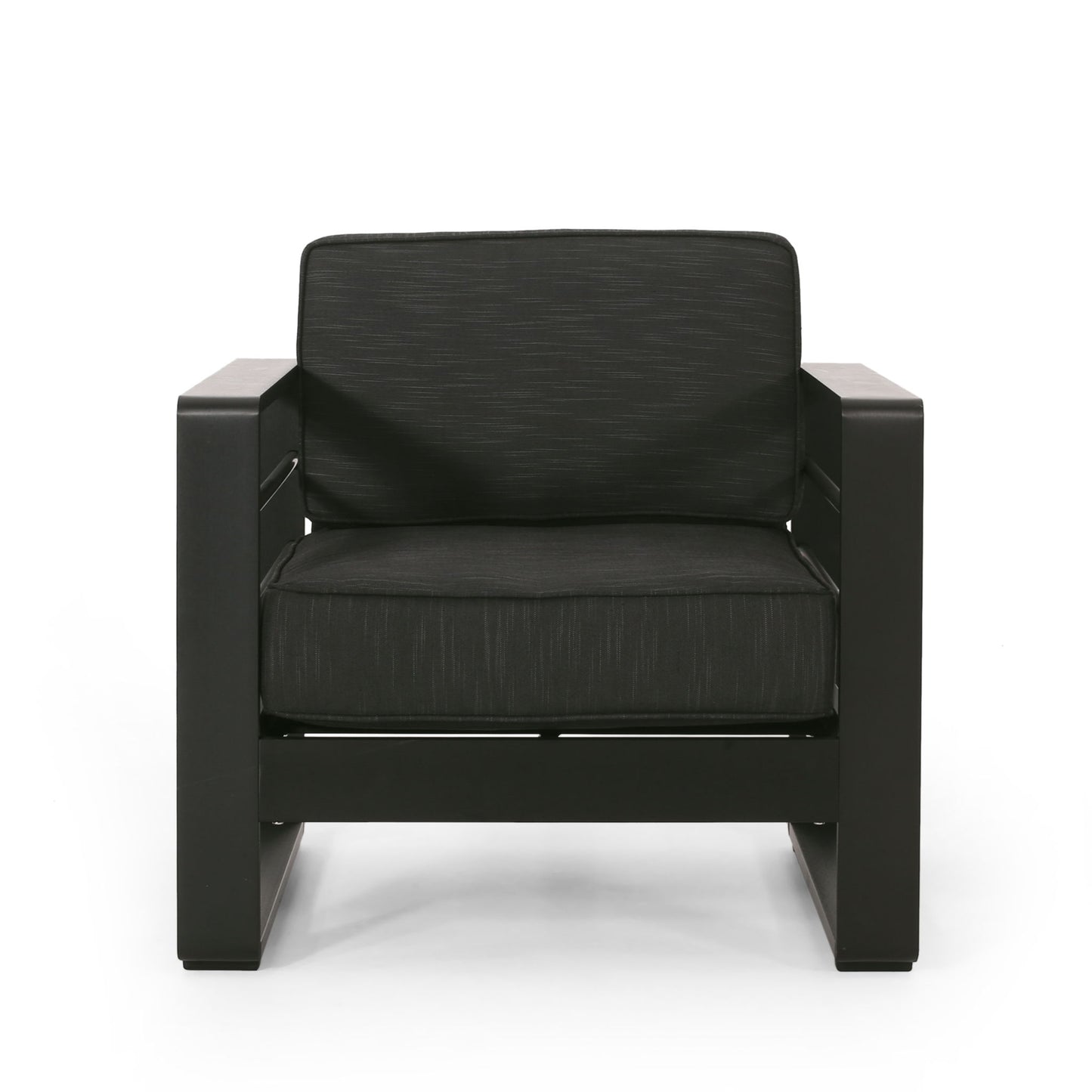 The Maya Bay - Club Chair is a modern black armchair featuring wide armrests, a thick cushioned seat, and a matching cushioned backrest, displayed against a white background.