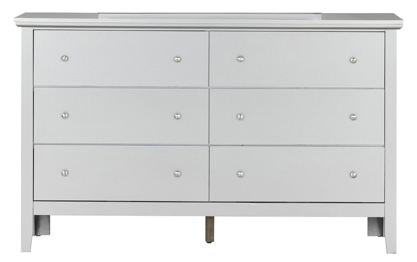 The Primo - Dresser is a white wooden dresser featuring six drawers in two rows of three, each with a small round metal knob. Its simple, modern design adds elegance to any room.
