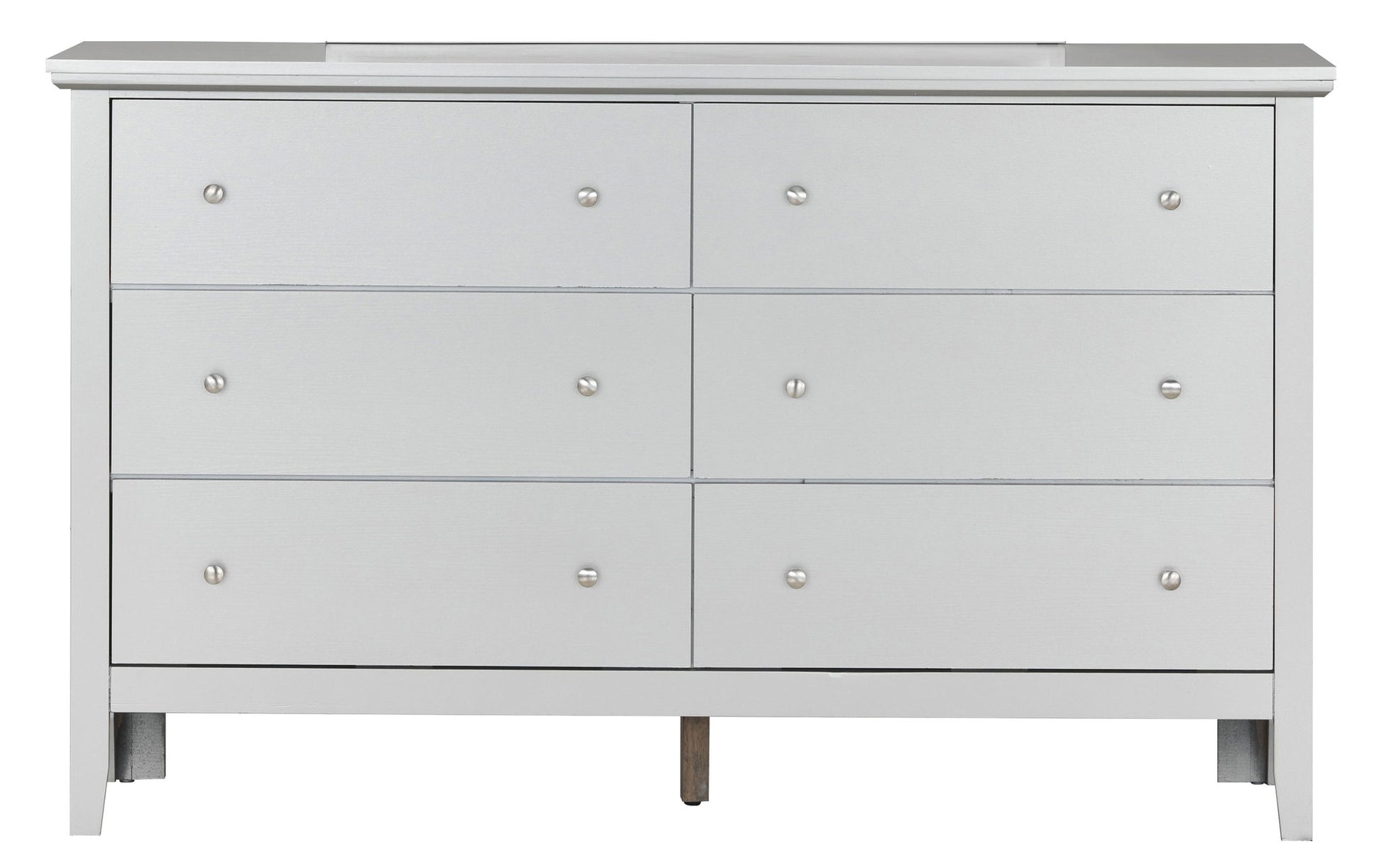 The Primo - Dresser is a white wooden dresser featuring six drawers in two rows of three, each with a small round metal knob. Its simple, modern design adds elegance to any room.
