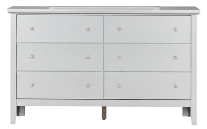 The Primo - Dresser is a white wooden dresser featuring six drawers in two rows of three, each with a small round metal knob. Its simple, modern design adds elegance to any room.