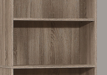 A close-up of the 6 Tier Bookshelf (Bookcase, Transitional) for office use, featuring light brown weathered wood with visible grain patterns. The empty shelves are shown against a plain gray background.