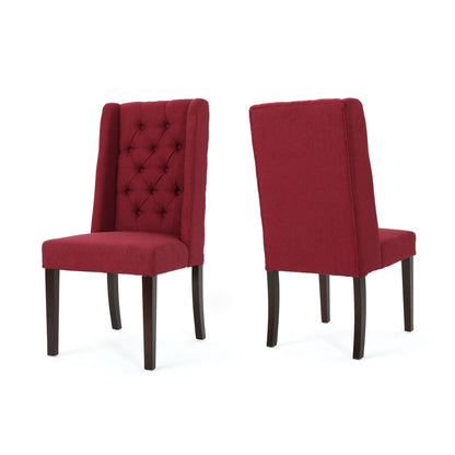 The Sophisticated Tufted Dining Chair With High Back Design features dark wooden legs and deep red upholstery; one chair displays its tufted backrest facing forward, while the other is shown from the back.