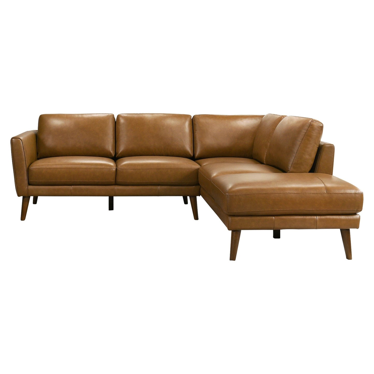 The Benson - Sectional Sofa With Chaise is a modern L-shaped brown leather sofa with wooden legs, three seat cushions on the left, and an extended chaise lounge on the right.