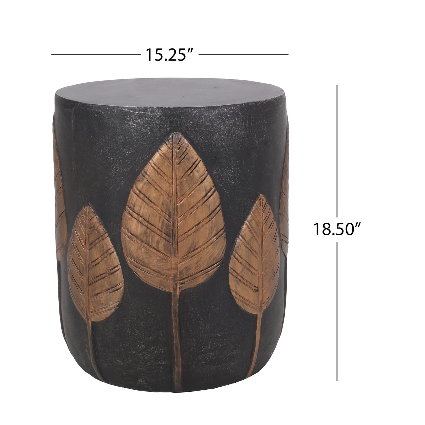 A copper outdoor lightweight concrete side table, cylindrical in shape, measuring 15.25" in diameter and 18.5" in height.