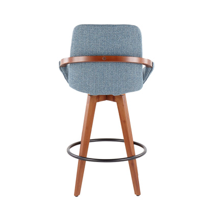 The Cosmo - Mid Century Counter Stool features a blue upholstered backrest, wooden frame, circular metal footrest, and four angled wooden legs, shown from the back.