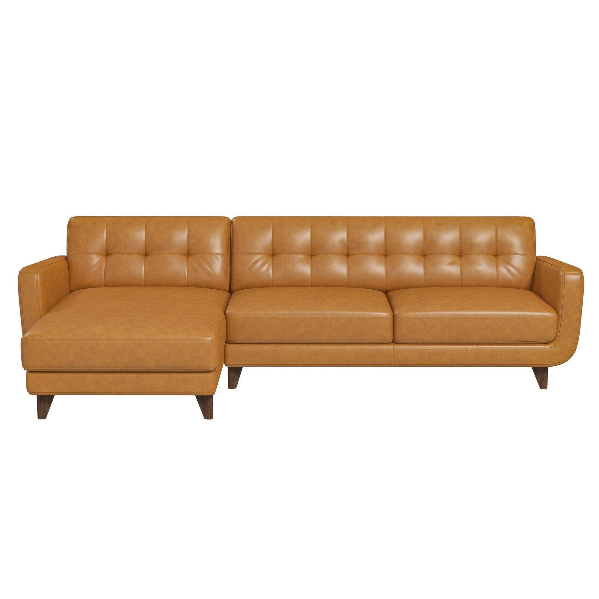 The Allison Mid-Century Modern Leather Sectional Sofa Chaise features a tan tufted backrest and seat cushions, a left-side chaise lounge, wooden legs, and a sleek minimalist design.