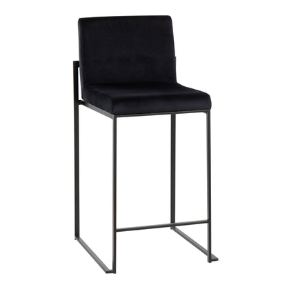 The Fuji - Contemporary Modern Elegance High Back Counter Stool features a sleek black padded seat and backrest, slender metal legs, and a stylish modern design for your space.