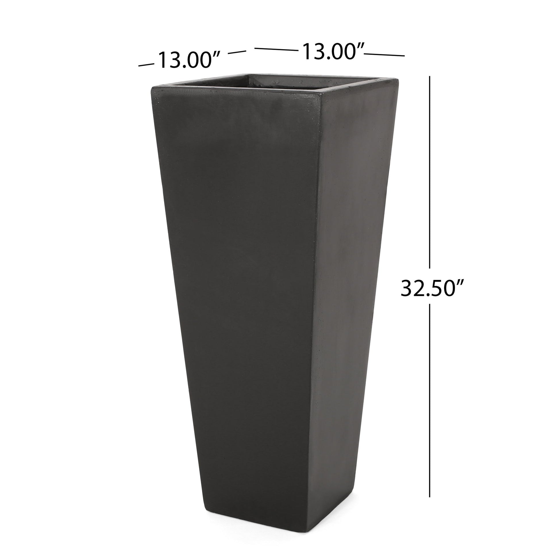 The Outdoor Modern Cast Stone Planter is tall, black, and square with tapered sides. It measures 32.5 inches high and 13 inches wide at the top, with measurements labeled above and beside the planter.