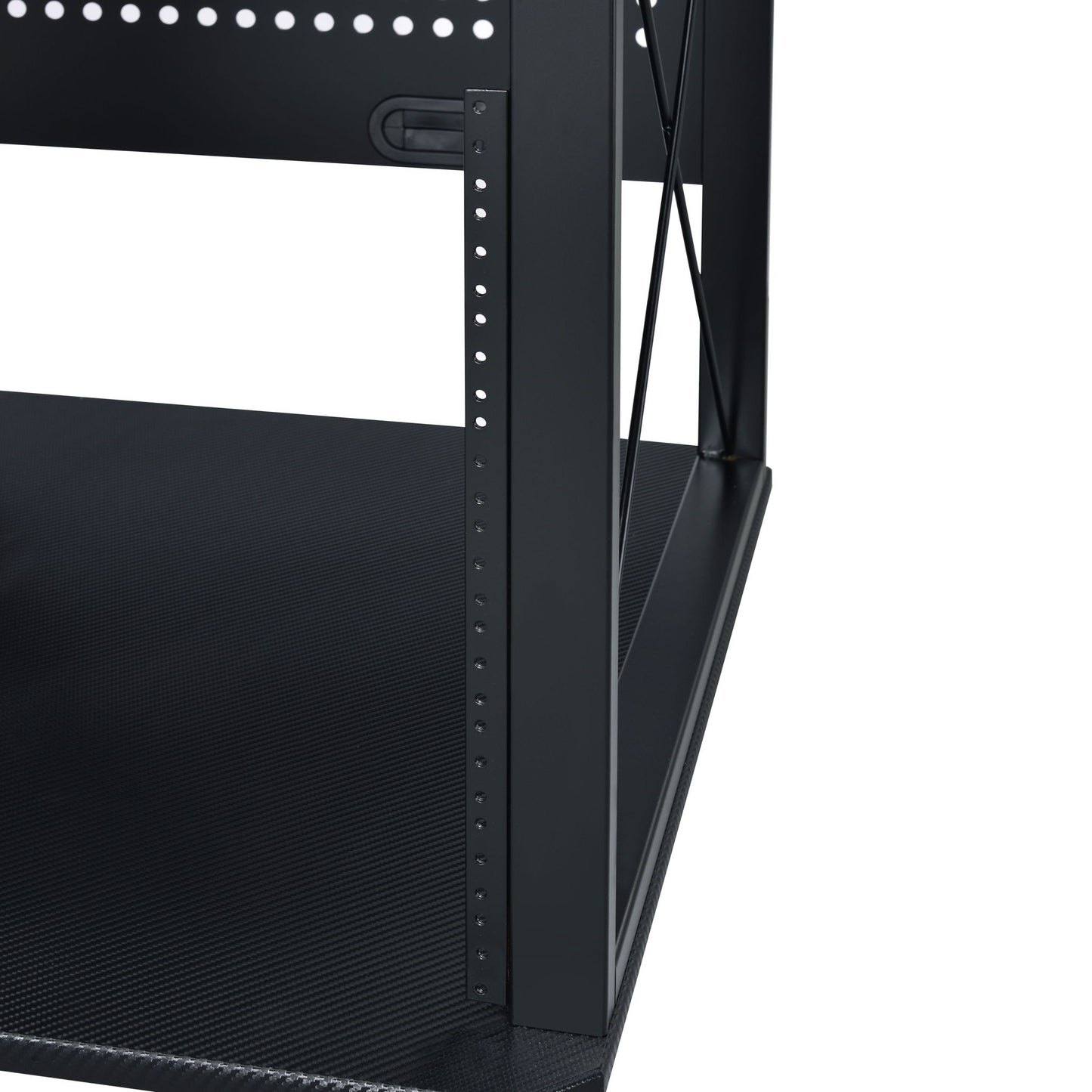 Close-up of the Megara - Music Desk, Multiple Storage, featuring a black metal corner with perforated vertical supports and a textured shelf surface. Background and top shelf are partially shown.