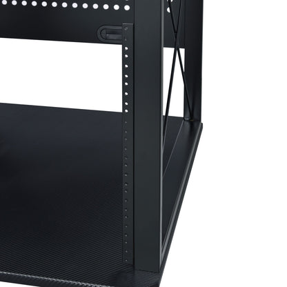 Close-up of the Megara - Music Desk, Multiple Storage, featuring a black metal corner with perforated vertical supports and a textured shelf surface. Background and top shelf are partially shown.