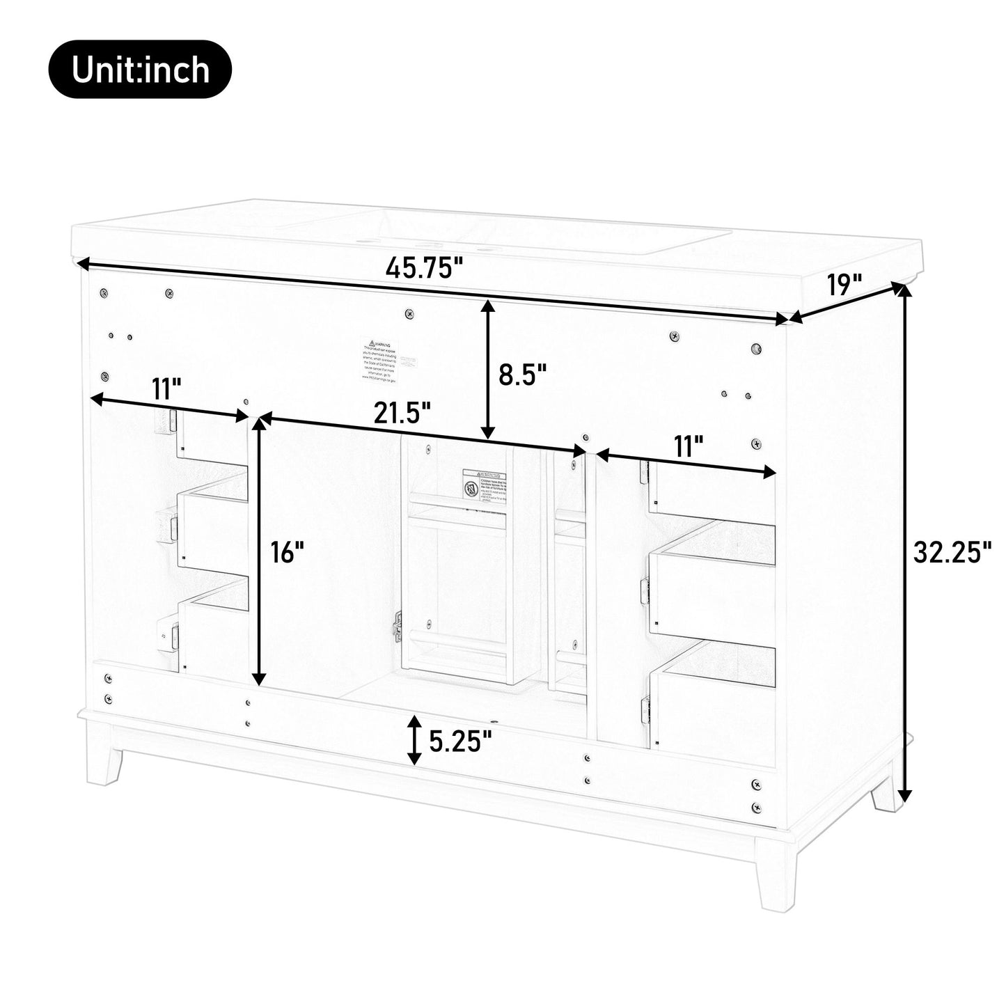 Bathroom Vanity Cabinet Only, 6 Soft Close Drawers & Double Doors With 2 Tier Shelves - White