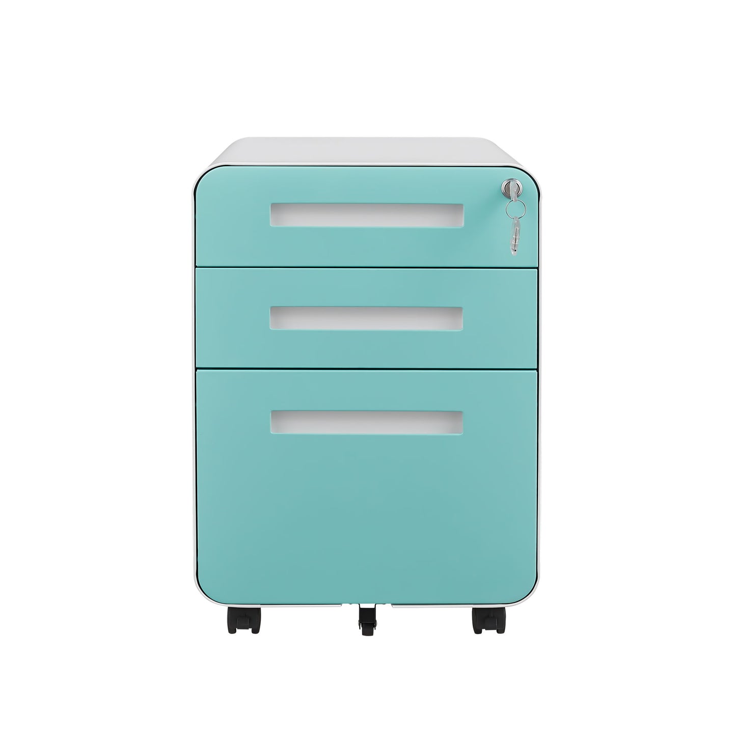 A turquoise and white 3 Drawer Mobile File Cabinet for legal, letter, or A4 files features a lockable top right drawer and a 5-wheel anti-tilt design. Made of cold rolled steel, it's waterproof and moisture-proof, shown against a plain white background.
