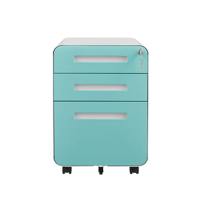A turquoise and white 3 Drawer Mobile File Cabinet for legal, letter, or A4 files features a lockable top right drawer and a 5-wheel anti-tilt design. Made of cold rolled steel, it's waterproof and moisture-proof, shown against a plain white background.
