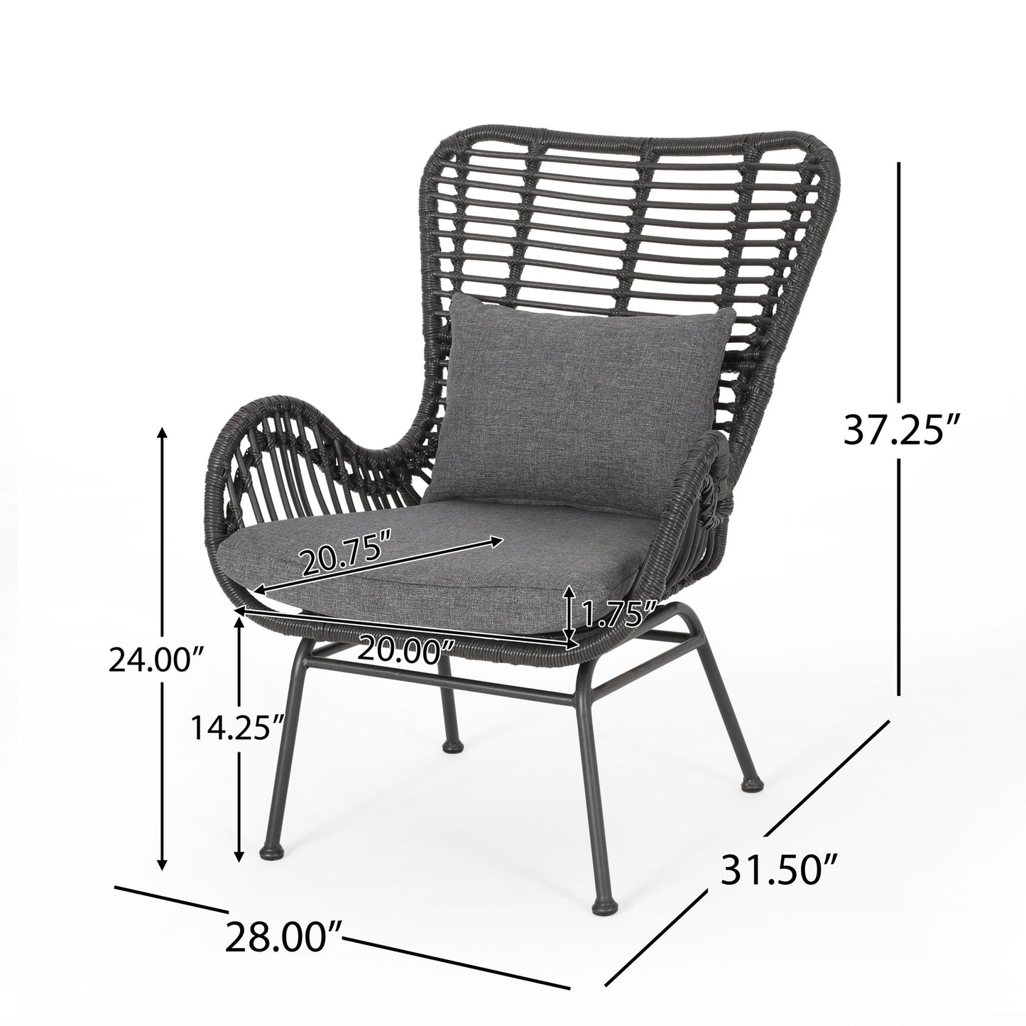 The Modern Aesthetic Outdoor Rattan Accent Chair With Metal Legs in black with gray cushions is shown with labeled dimensions: 37.25"H, 28"W, 31.5"D, arm height 24", seat height 14.25", seat depth 20", seat width 20.75", cushion thickness 1.75".